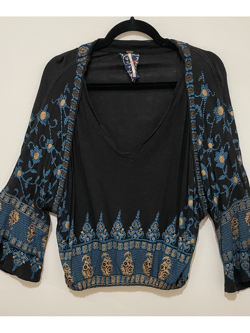 Free People Black Boho Embroidered V-neck Top, Medium - Picture 2 of 10